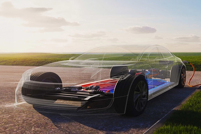 A view of the components of a parked electric car